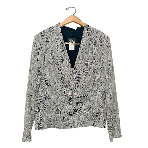 Xscape By Joanna Chen Silver Metallic Lace Formal Coverup Blazer‎ Jacket 16 - Picture 1 of 11